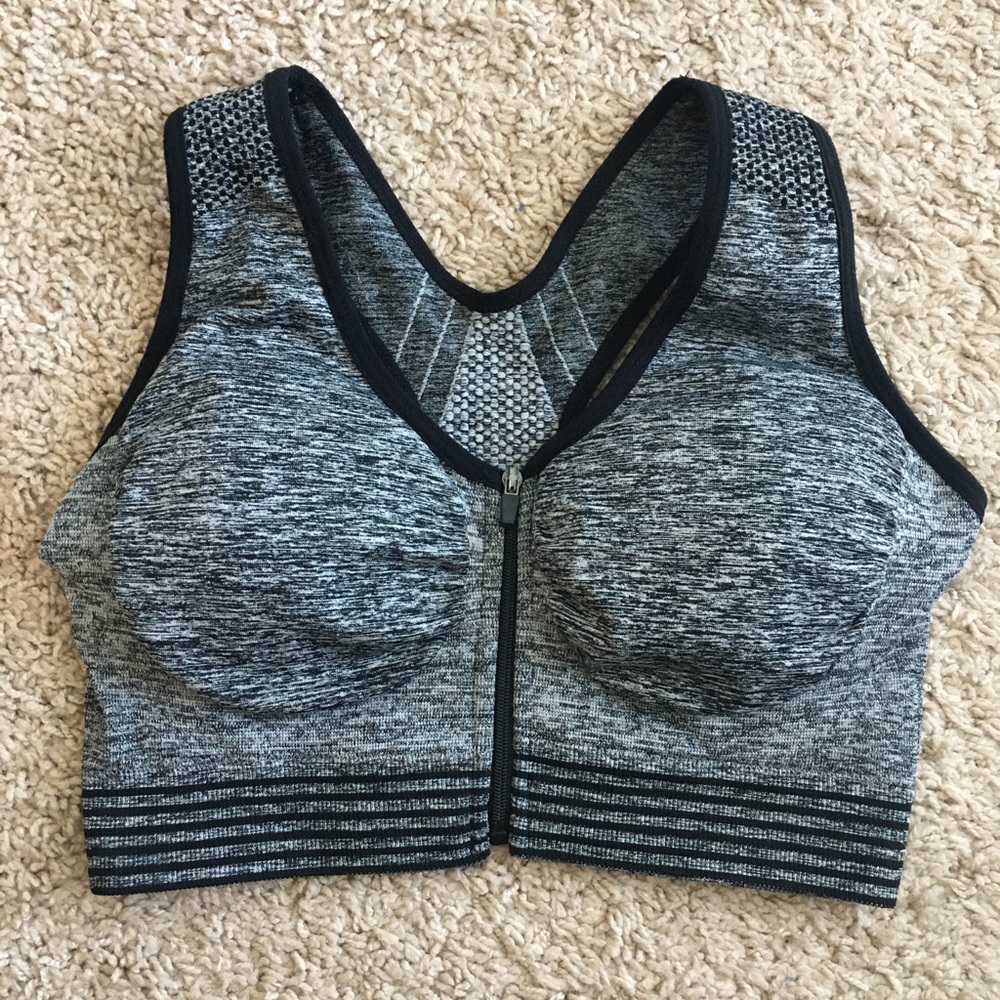 SkinnyGirl Zip Front Sports Bra, Gray&Black
